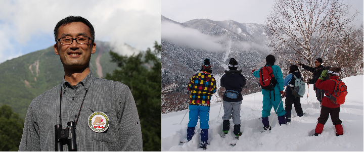 安倍さんの笑顔の写真と雪山での活動様子の写真