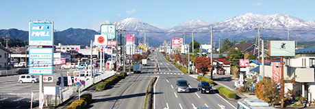右側が3車線、左側が2車線の道路の両側にたくさん店舗が並んでいる街並みの写真