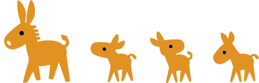 親のロバが先頭に居る4頭のロバのイラスト