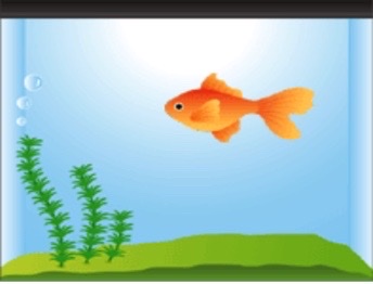 水草が置いてある水槽に金魚がいて泳いでいる様子のイラスト