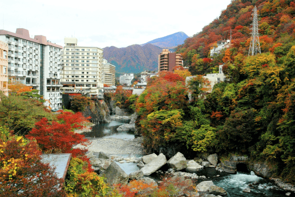 鮮やかな紅葉の中、川の両側に立ち並ぶ温泉旅館を写した鬼怒川温泉の写真