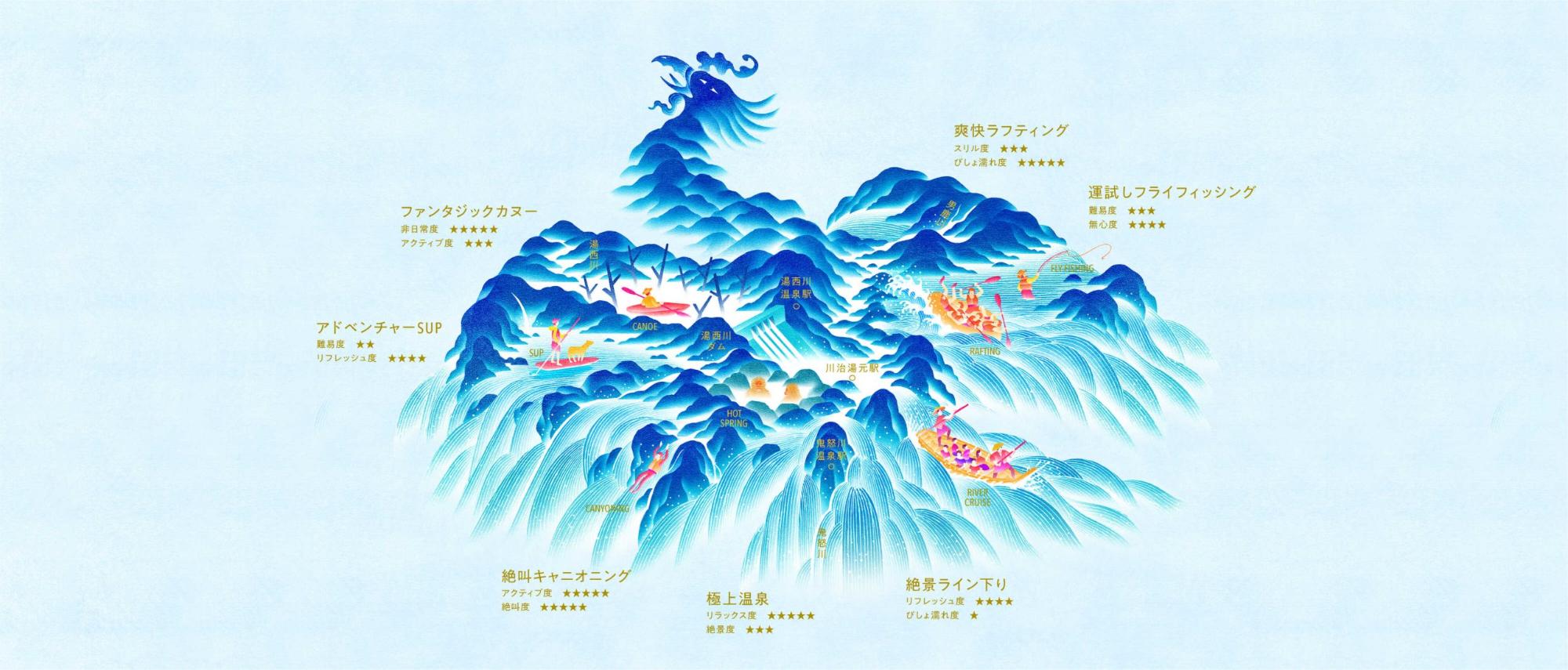 鳳凰の羽の部分に奥鬼怒秘境温泉郷の場所が描かれているイラスト