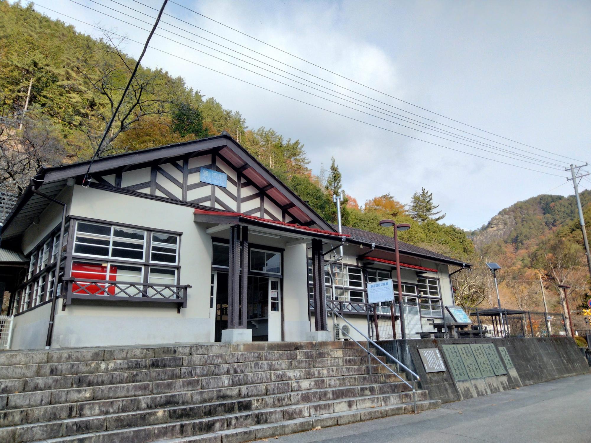階段を登った先に建っている三角の屋根にクリーム色の外壁をした通洞駅の写真