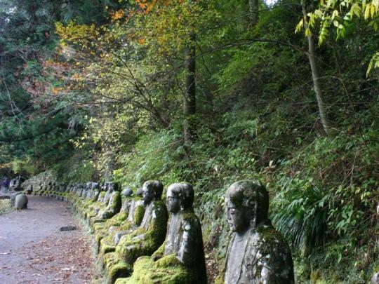 一列に並んだ化け地蔵（並び地蔵）を右側から眺めた写真