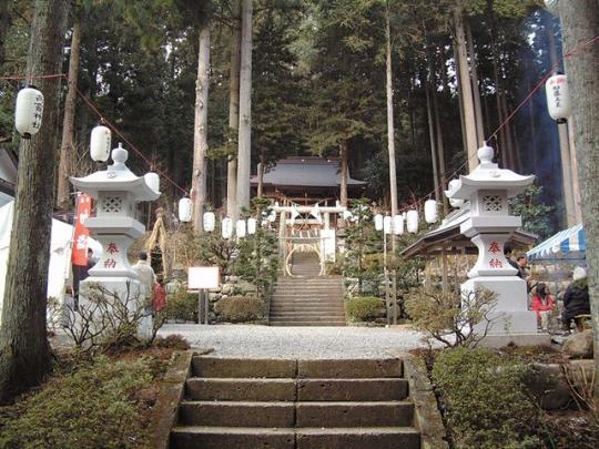 両わきに石燈籠のある階段とその先にある鳥居と本殿の写真