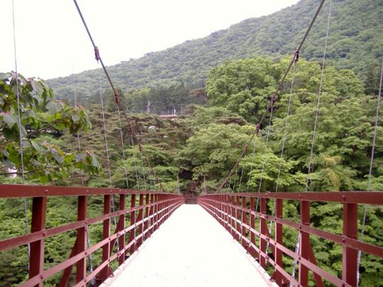 赤いつり橋を入り口から渡るときの景色の写真