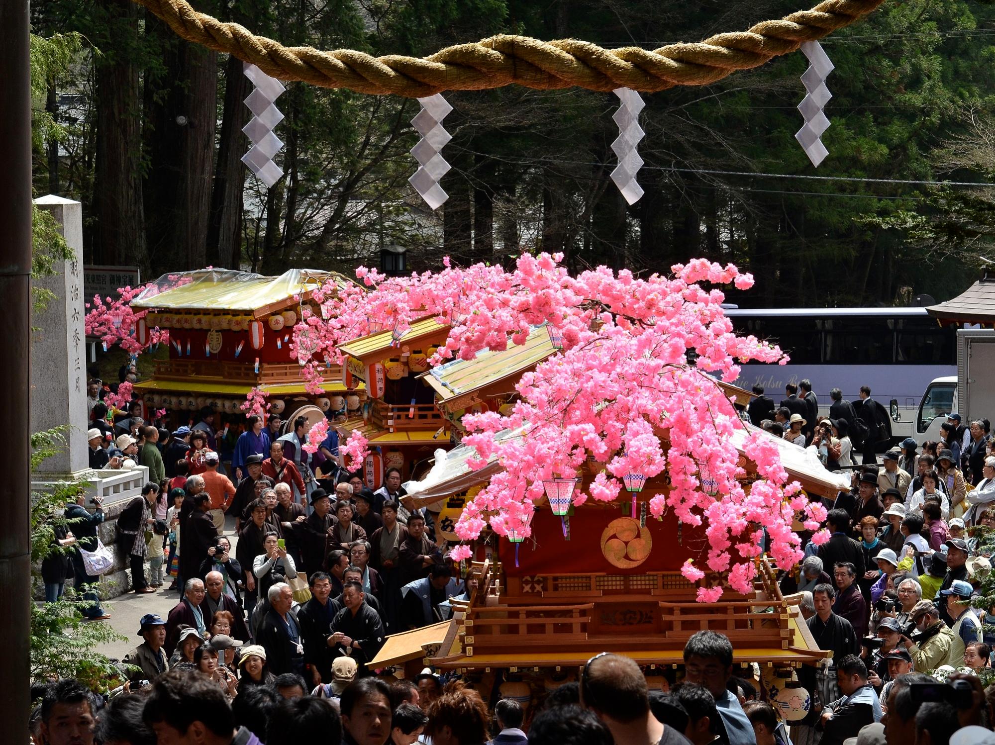 たくさんの人たちが見ている中、ヤシオツツジの造花に彩られた山車が繰り出している様子の写真