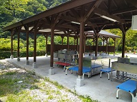 屋根の下に水色や赤の長椅子と、横長のシンクが設置されている炊事場の写真