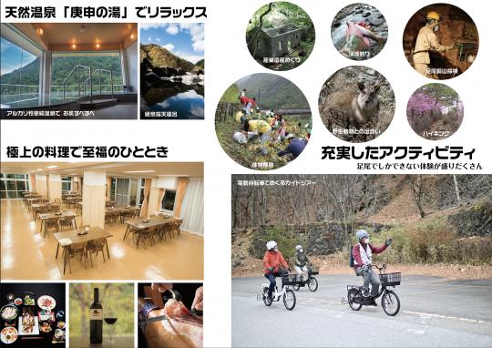 (左上)室内温泉と壮大な山々が絶景の露天風呂の写真(左下)テーブルとイスがたくさん並べられた食事をする場所と懐石料理にワインや生ハムの原木をカッティングしている様子の写真(右)電動自転車に乗って先頭を走っている男性が風景を案内しているガイドツアーなどのアクティビティの写真