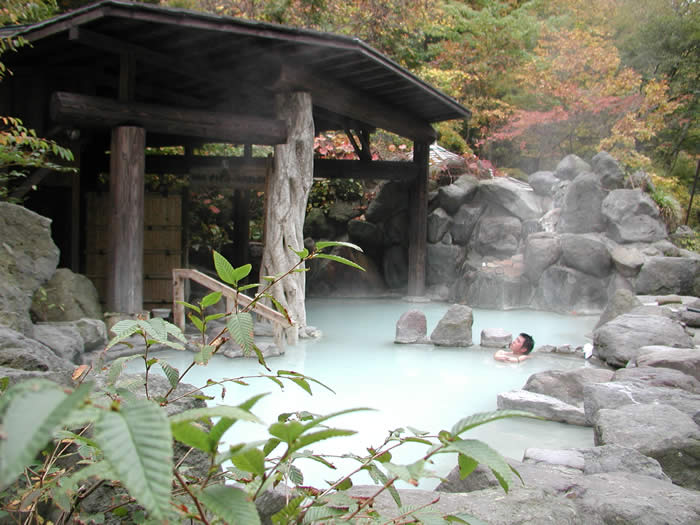 男性が1人入っている、白濁した温泉の写真