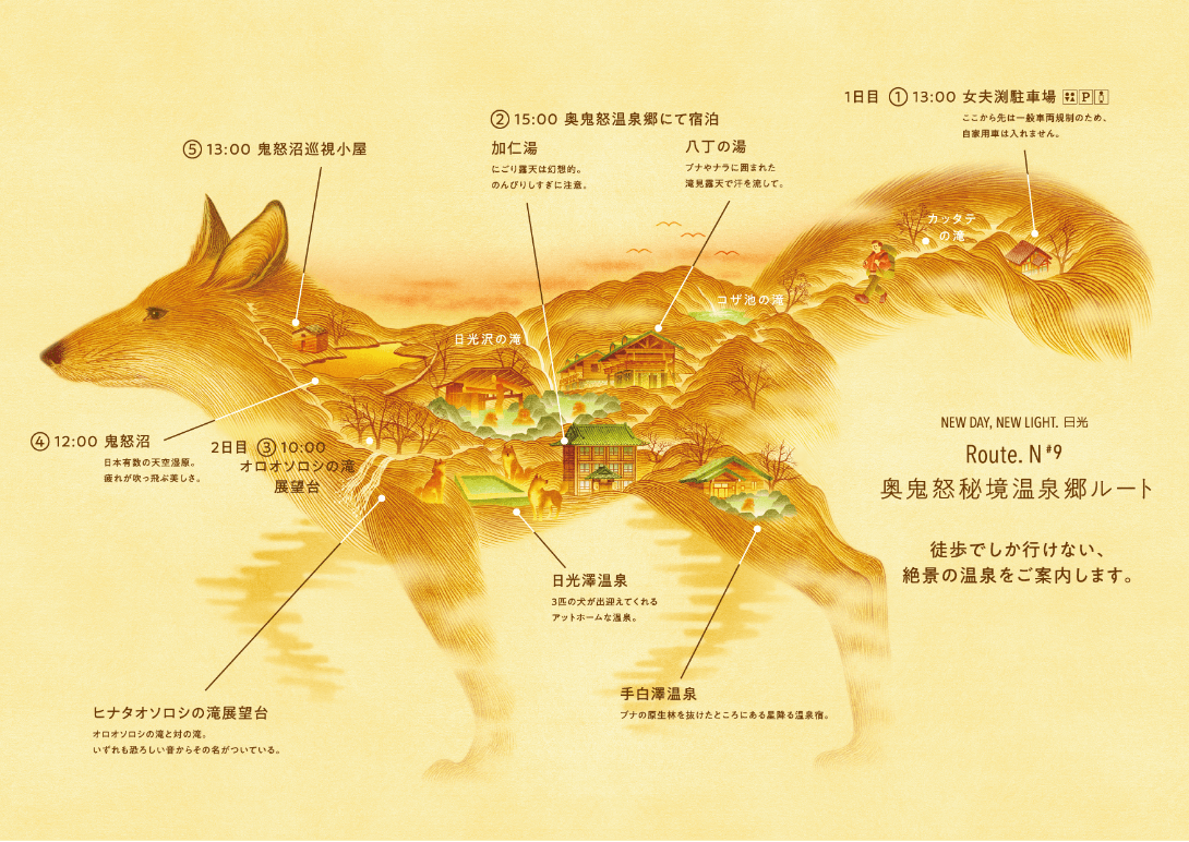 きつねを横から見た姿に奥鬼怒秘境温泉郷の場所が描かれているイラスト