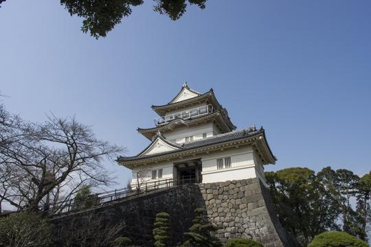 青空の下、下から撮影した小田原城天守閣の写真