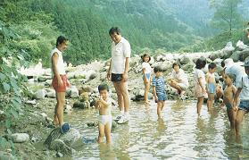 複数の子供達が川に入り、魚を手づかみで捕まえている姿を大人たちが見守っている写真