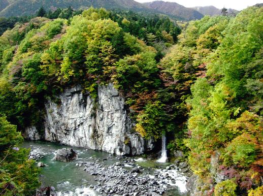 木々に覆われた岸壁の横を流れる川を上から撮影したし写真