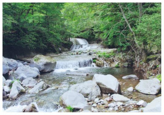 大きな岩の中を流れる荒沢川の写真