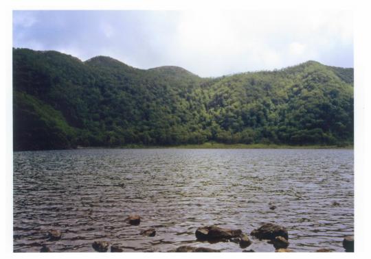 山を背景にゲレーがかった色の湖の写真
