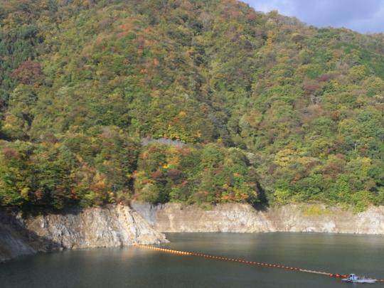 上には山があり、川治ダムが下に広がっている写真
