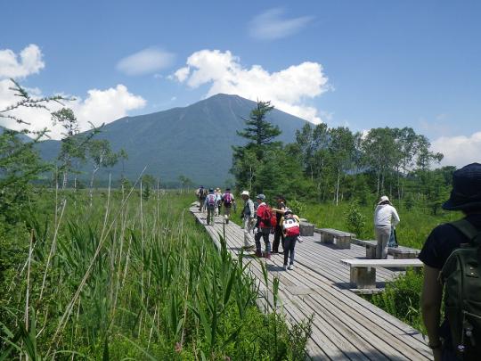 遠出に山が見え木の橋の上を人々が歩いている写真
