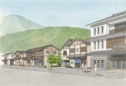 山々を背景に観光客が行き交う街並みをイメージしたイラスト