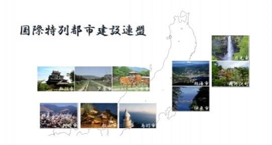国際特別都市建設連盟の9市1町それぞれの景観写真が日本地図のイラストの上に並んでいる写真