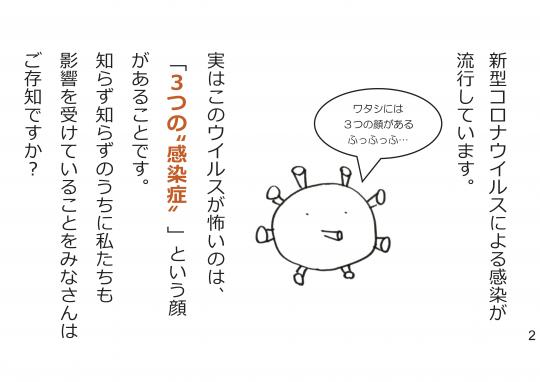 2ページ 新型コロナウイルスによる感染が流行しています。実はこのウイルスが怖いのは、「3つの感染症」という顔があることです。知らず知らずのうちに私たちも影響を受けていることをみなさんはご存じですか?
