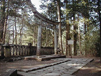 まっすぐに伸びた石畳の先が左に曲がった所に建っている二荒山神社別宮滝尾神社鳥居の写真