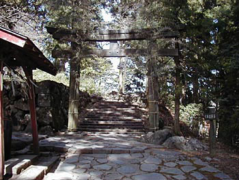 木陰になっている石畳の通路の先に建っている二荒山神社別宮本宮神社鳥居の写真