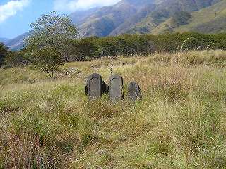 草が生えた広い場所に3つの石碑のようなものが設置されている松木地域旧三村の松木地区の光景写真