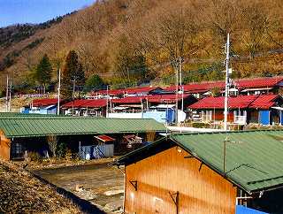 山の麓にある、緑の屋根や赤い屋根をした中才鉱山住宅(現日光市特別市営住宅)の写真