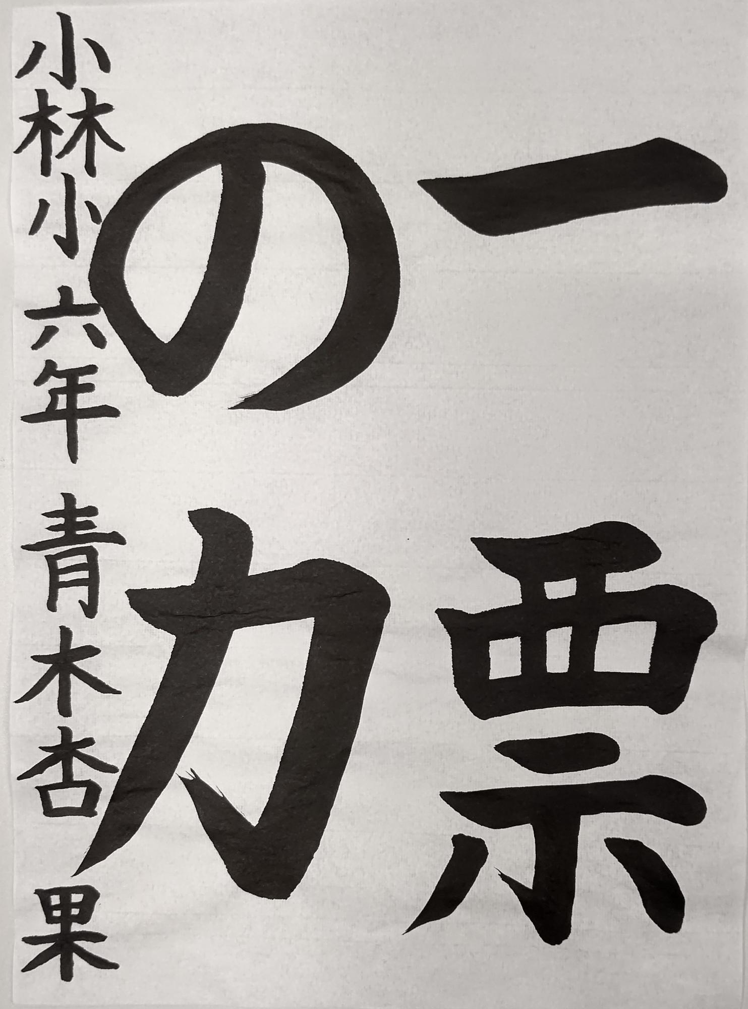 一票の力と書かれた青木杏果さんの習字の作品