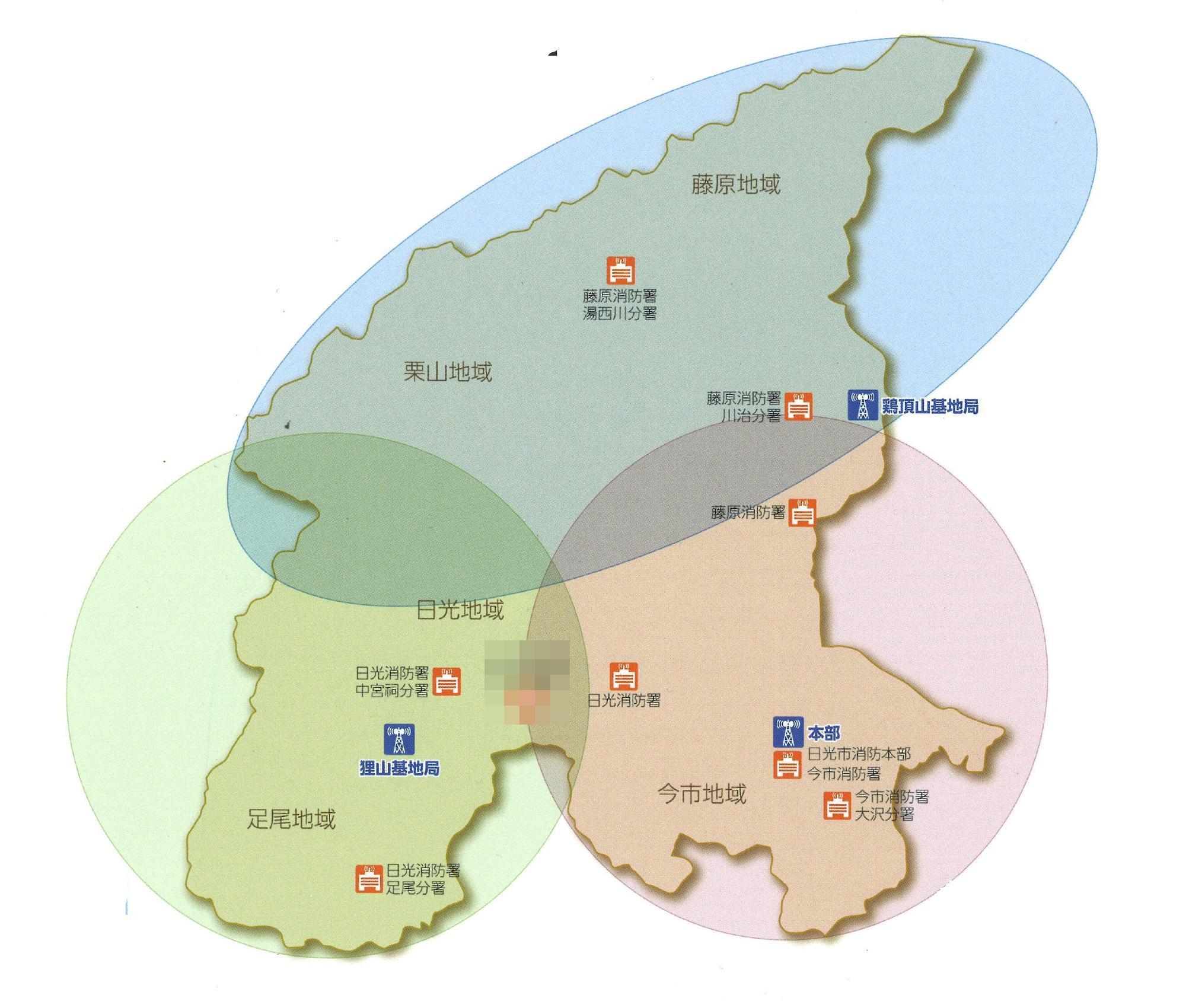 3つの基地局と電波の届く範囲のイメージ図