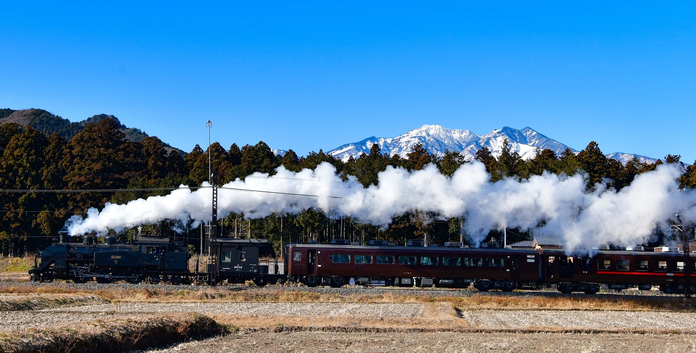 日光連山を背にして右から走ってくるSL大樹