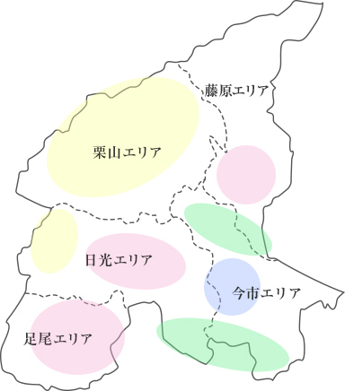 栃木県内の5つのエリアが描かれた地図