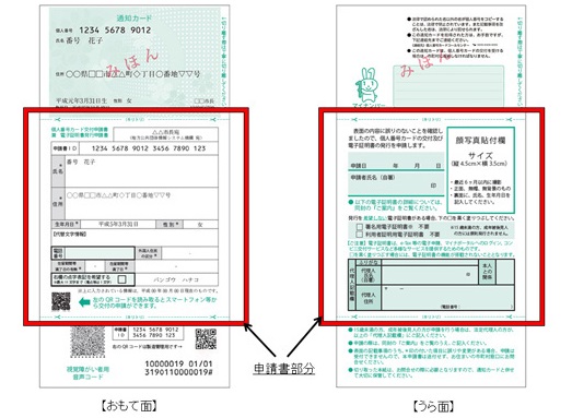 申請書部分が赤枠で囲まれた、通知カードに付随している個人番号カード交付申請書（表面・裏面）のサンプル