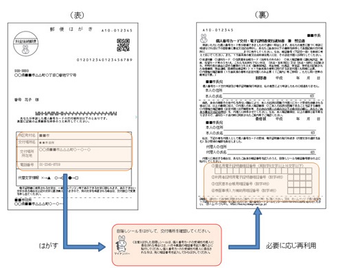 「目隠しシールをはがし、必要に応じて再利用」と書かれた交付通知書（表面・裏面）のサンプル