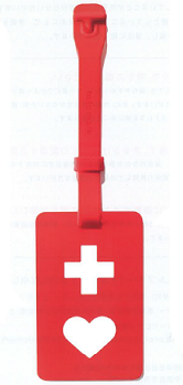 赤に白い十字とハートが描かれたヘルプマークの写真