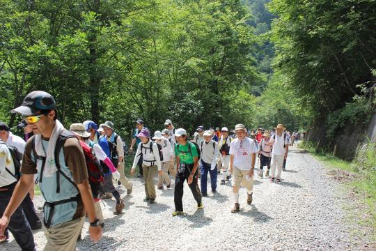 山の中を帽子を被り背中にリュックを背負って歩いている、栗山ふるさとサマーウォーク参加者の方々の写真