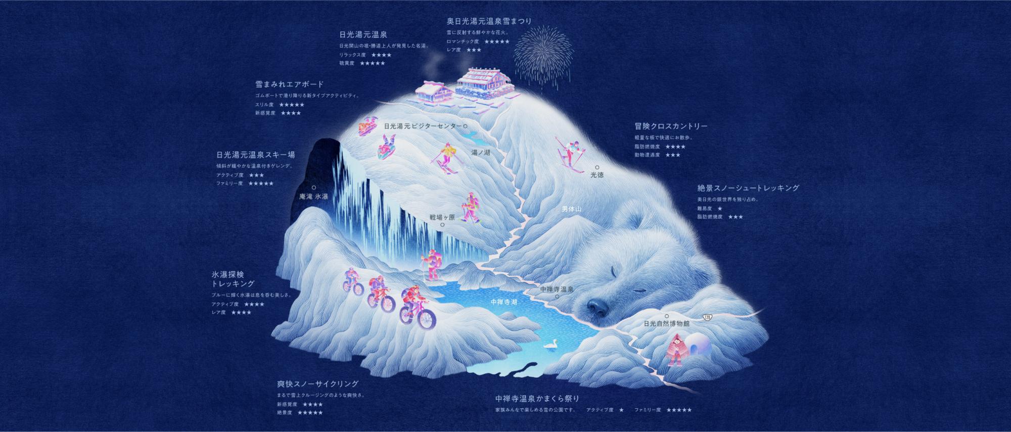 シロクマが寝ている姿に雪の遊園地のマップが描かれているイラスト