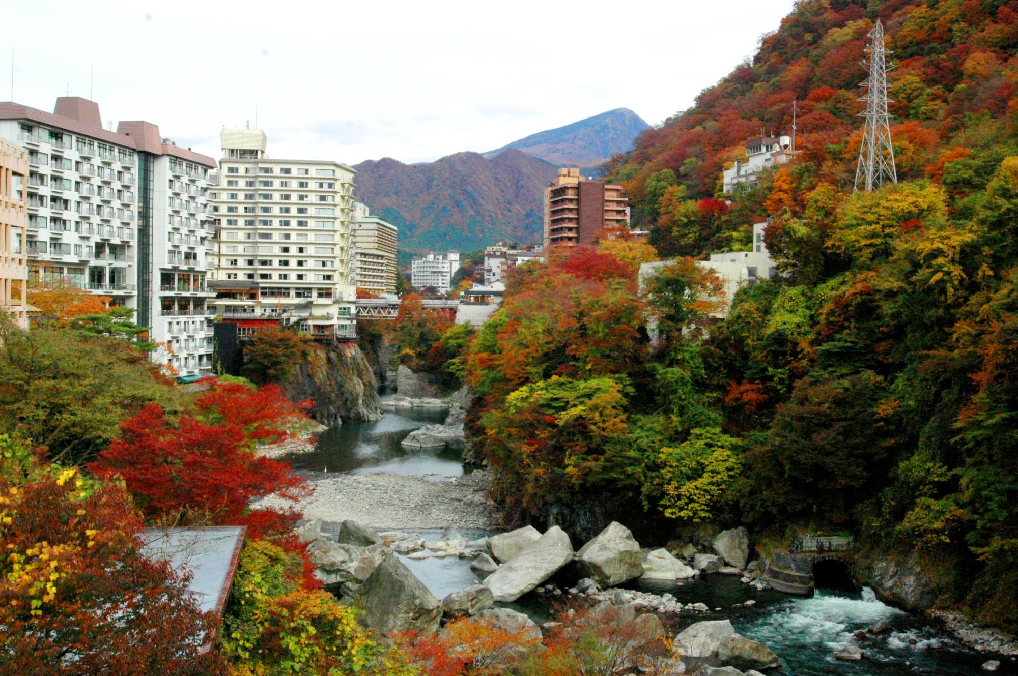 赤や緑、黄色の紅葉の中央に流れている鬼怒川と、川岸に建っている温泉旅館を写した写真