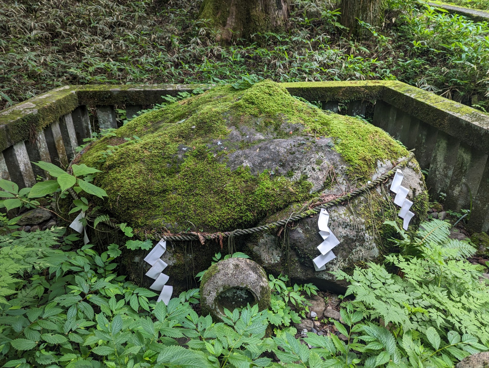 滝尾神社内にあるしめ縄が巻かれた子種石をアップで写した写真