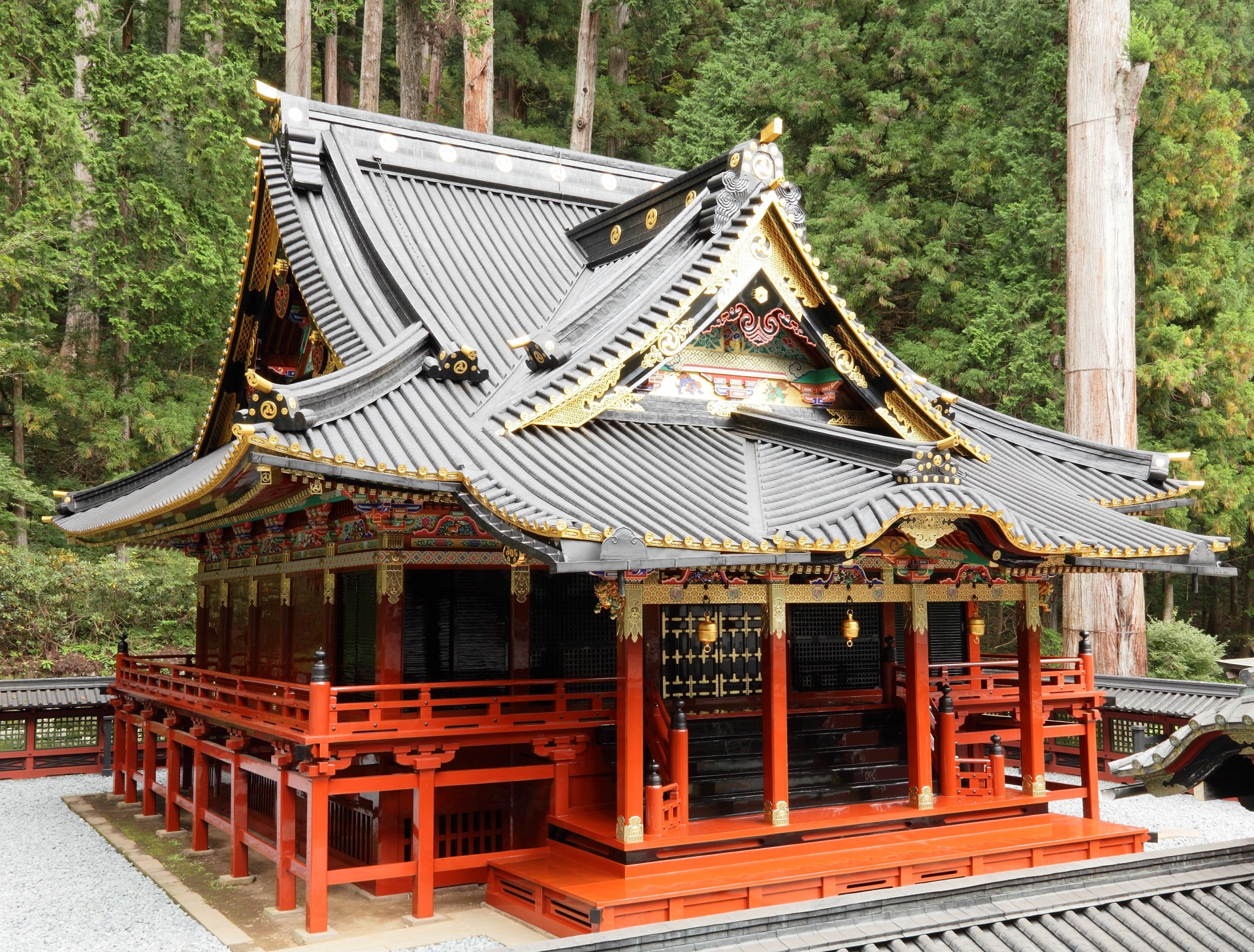 日光二荒山神社にある朱塗りで屋根の軒下が金色の大国殿を写した写真