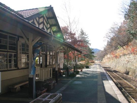 左に通洞駅のホーム、右手に一本の線路がある写真