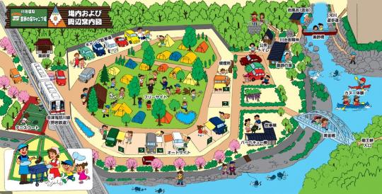 川治温泉薬師の湯キャンプ場内の地図と周辺案内図のイラスト