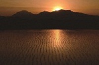 田んぼの奥に広がる山々に太陽が沈む風景を写した写真