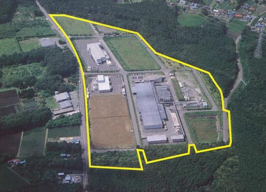 上空から写した写真に大日光(轟)工業団地の区画を黄色で囲った写真