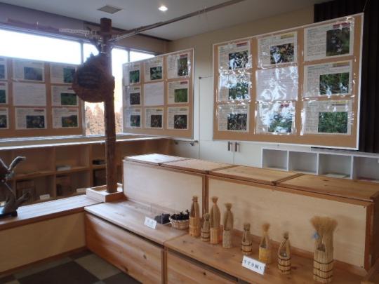 草、花の写真付きの説明を展示している環境学習センター内の写真