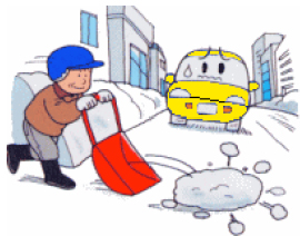 車が走る車道に除雪した雪を捨ててしまっているイラスト