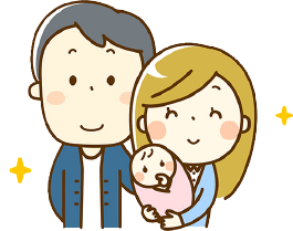 お母さんが赤ちゃんを抱きお父さんと並んでいるイラスト