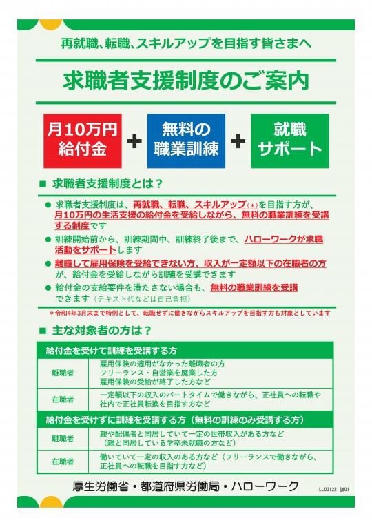 求職者支援制度のご案内リーフレット（表面）