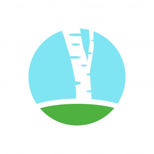 円状の水色を背景に緑の丘と、白い幹のシラカンバの根本付近を描いたイラスト画像